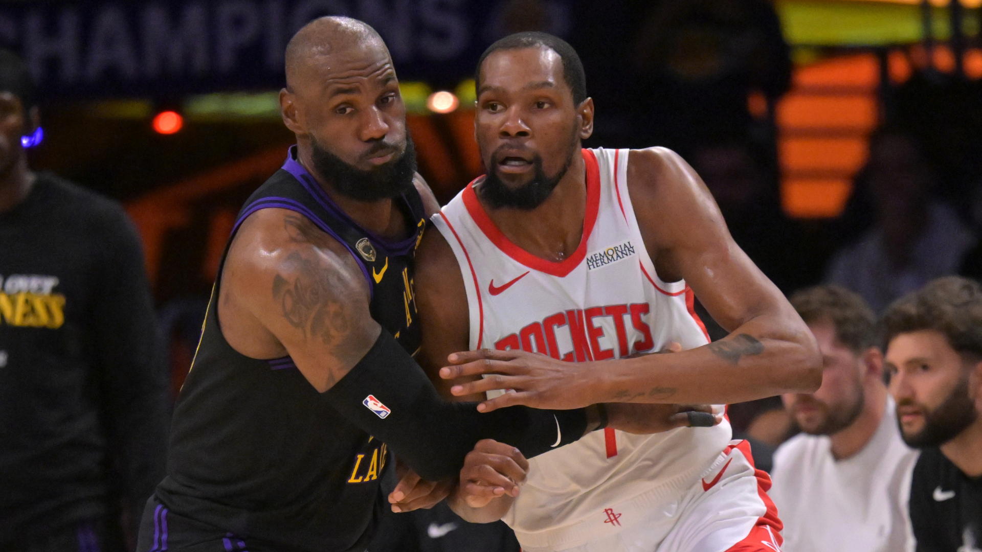 
                        Rockets star Kevin Durant returns from knee injury but struggles in Game 2 loss to Lakers
                    